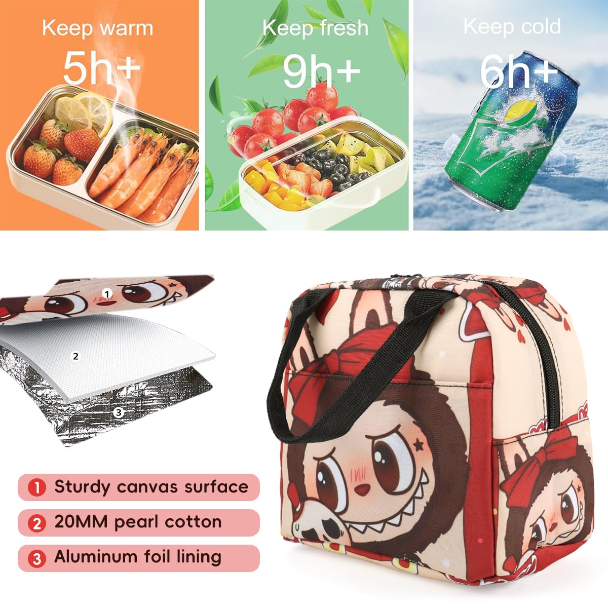 HASTHIP Lunch Bag for School and Office with Insulated Liner and Zipper | 23x13x20cm Portable Picnic Pouch