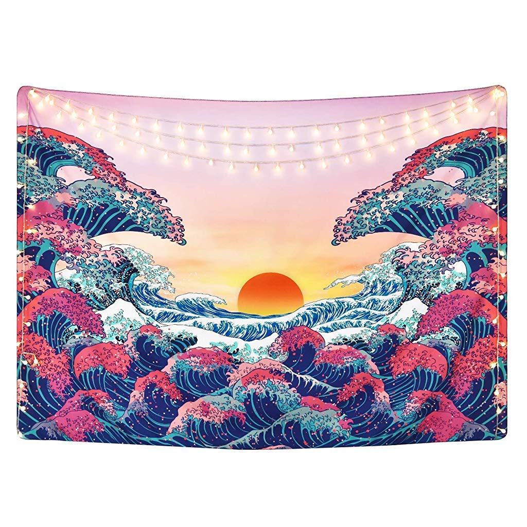 Sunset Wall Tapestry Forest Tree Tapestry Mountain Tapestry Wall Hanging Psychedelic Nature Polyester Landscape Tapestry Wall Decor for Bedroom(51"X59"), Polyester, blue