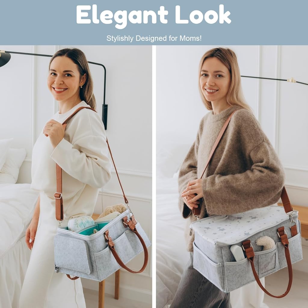 HASTHIP® Organizador de Pañales de Bebé Fieltro con Asas,Cesta Portátil Multi Compartimentos para Artículos Bebé,Bolsa Organizadora para Mamá,Regalo Baby Shower y Esenciales