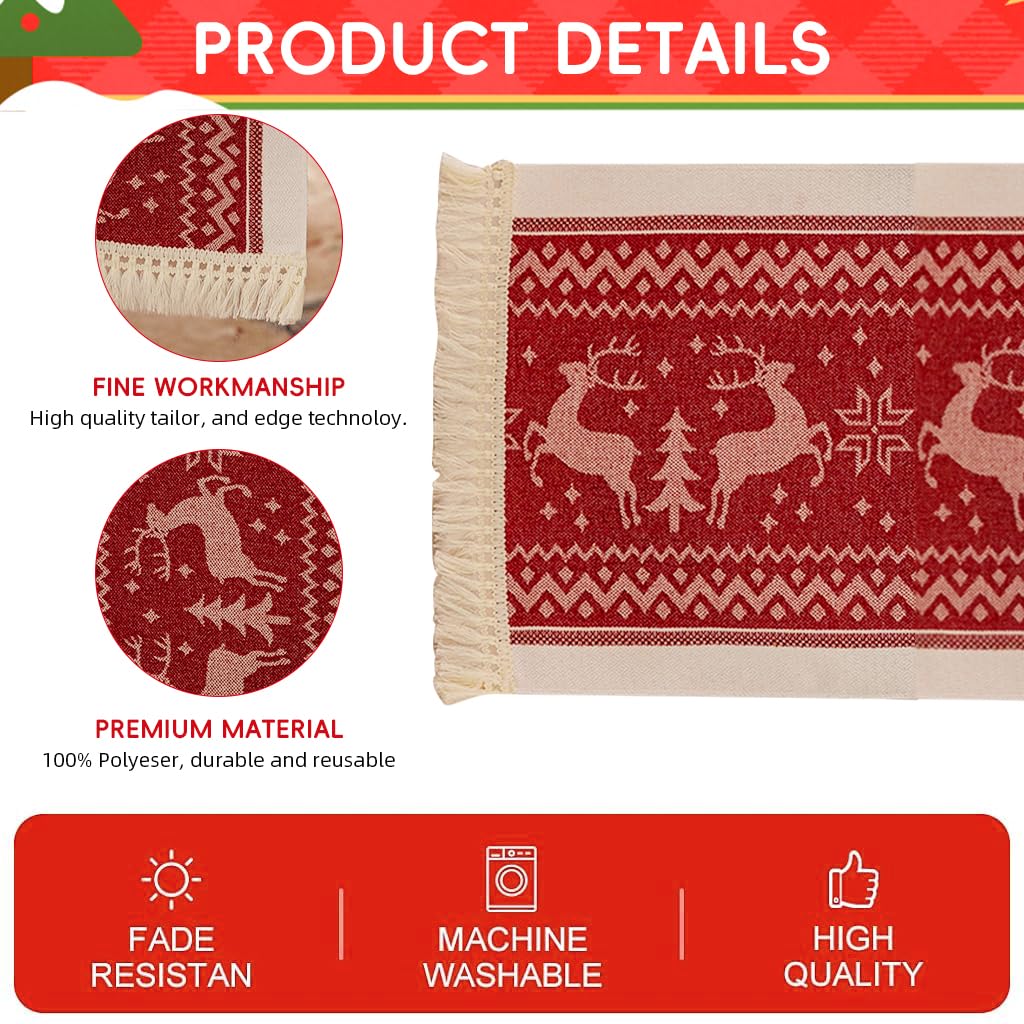 HASTHIP Christmas Table Runner for Holiday Dining with Tassel Edges 13.7x70.8 in Cotton Linen | Festive Red Elk and Snowflake Design