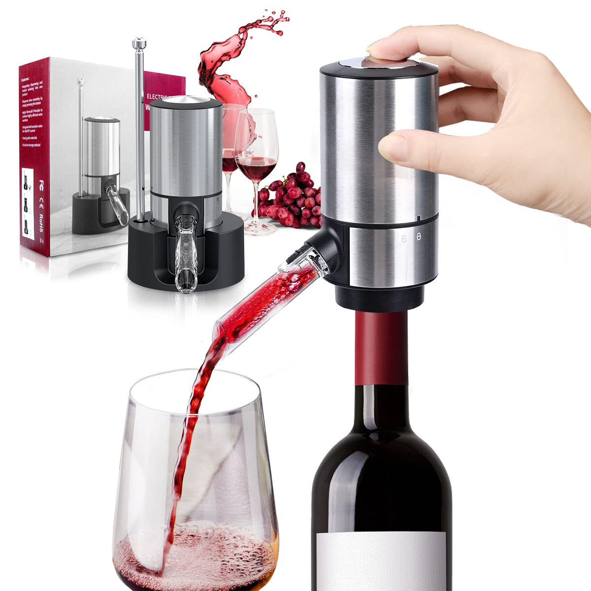 HASTHIP® Electric Wine Aerator Pourer Automatic Wine Dispenser Pump with Retractable Stainless Steel Pipe & Storage Stand Base One-Touch Button Control Instant Oxidation Smart Wine Aerator Decanter