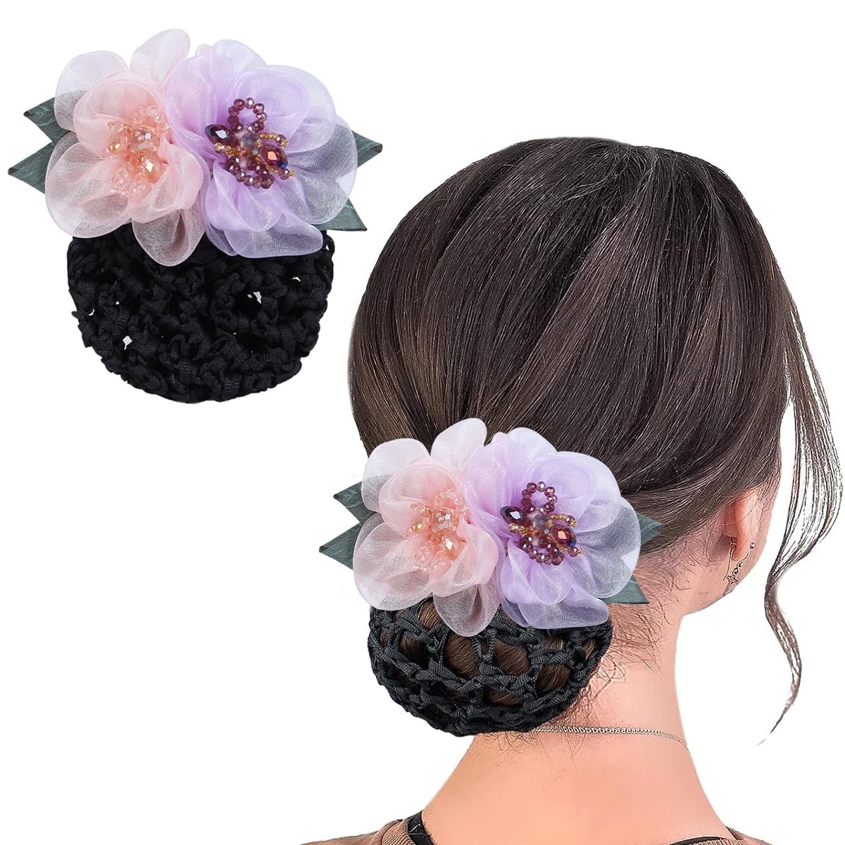 HASTHIP® Redecilla de Moño con Clip Flor para Mujer,Elegante Red para el Cabello con Broche Metálico,Accesorio de Peinado Bailarina Enfermera Trabajo o Uso Diario Multiusos y