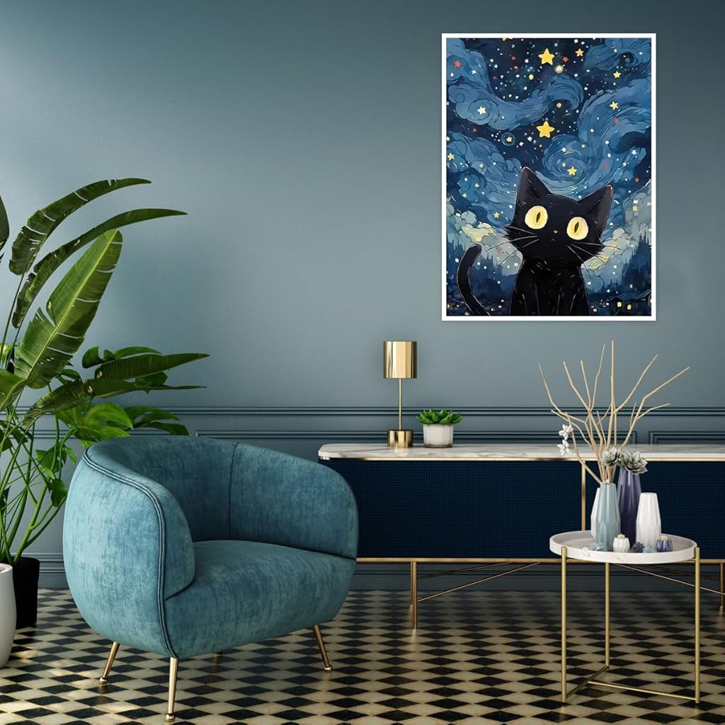 HASTHIP® DIY Diamond Painting Kit for Adults, Cartoon Cat Starry Night Paint by Numbers with Tools & Accessories, 30x40cm No Frame Pre Outlined Canvas Diamond Art Kit