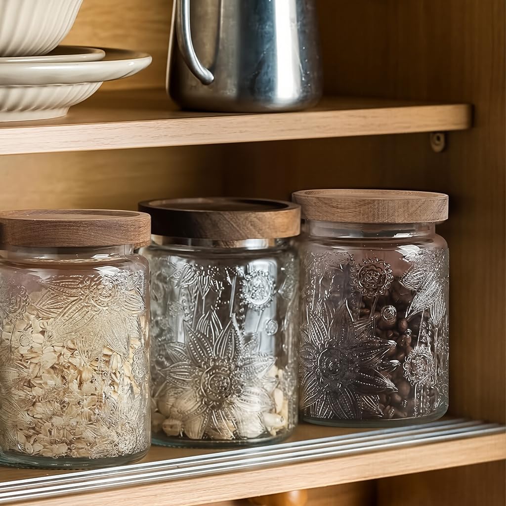 HASTHIP Mason Jar for Kitchen Storage with Airtight Wooden Lid and 24oz Glass Design | Vintage Embossed Food Container