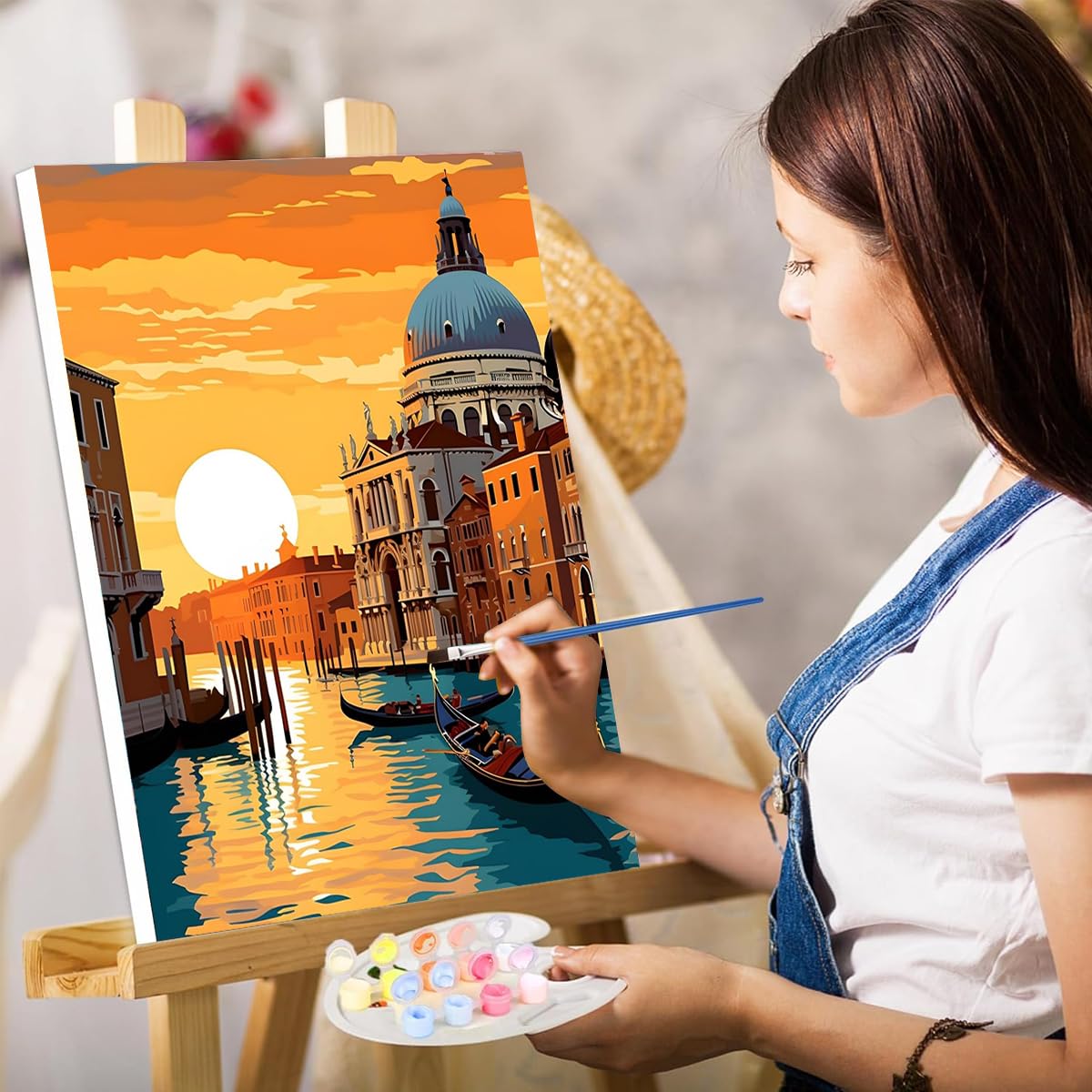 HASTHIP Paint by Numbers Kit for Adults with 16x20 Canvas and Acrylic Paint | Sunset Riverside Town DIY Wall Art Gift