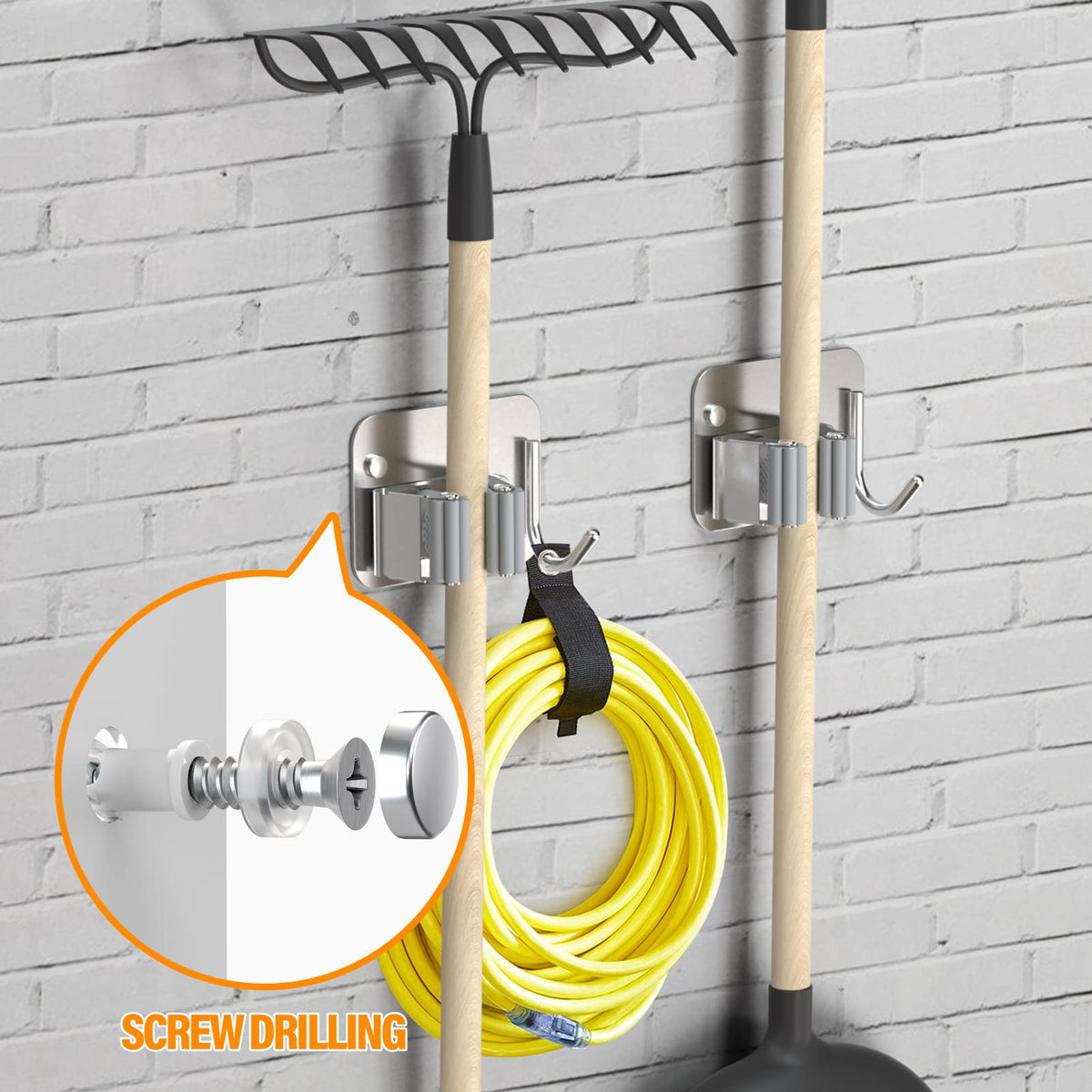 2 Pcs Mop Broom Holder Wall Mount, Adhesive Heavy Duty SUS304 Stainless Steel Mop and Broom Holder with Hook, for Mops up to 2.8 cm in Diameter (8 * 6.5 * 4 cm)