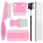 HASTHIP® 6 PCS Flea Comb for Dogs and Cats, Stainless Steel Dog Cat Grooming Combs, Fine & Wide Tooth Lice Comb, Tick Removal Tool, Tear Stain Remover, Dematting Brush, for Small, Medium Pets, Pink