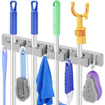 Wall Mounting Mop Broom Holder 4 Slots & 5 Hooks Space Aluminum Broom Organizer Nail-Free Installation Mop Holder for Home, Office, Storage Rooms, Bathroom, Cleaning Room