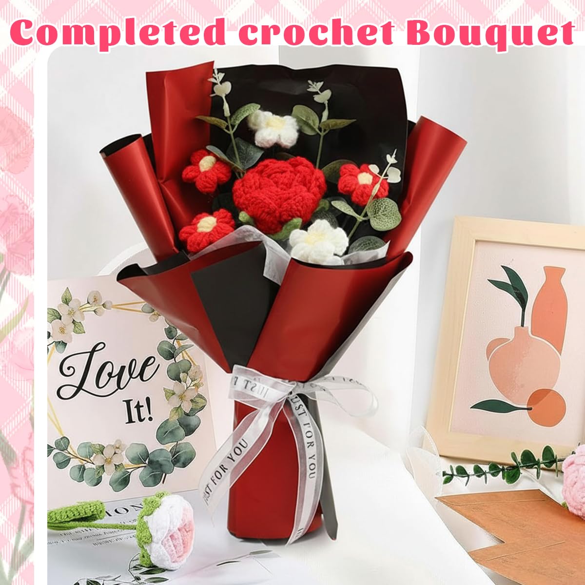 HASTHIP Crochet Mini Rose Flower Bouquet for Wedding and Desk Decor with String Lights