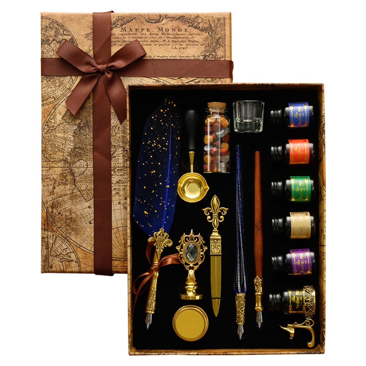 HASTHIP® Feather Pen with Ink, Calligraphy Feather Pen with Wax Seal Stamp, Includes Feather Dip Pen, Glass Dip Pen, 6 Ink, 18 Replacement Nibs, Pen Holder, Seal Stamp, Wax Beads, Wax Spoon