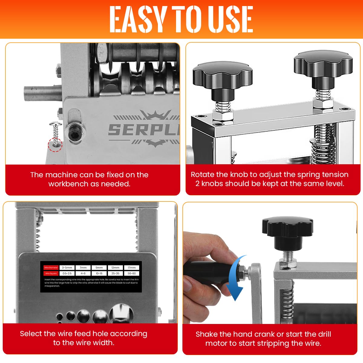 Serplex® 6-IN-1 Manual Wire Stripper Machine Drill-Operated Wire Stripper Tool with Hand Crank 3-17mm Dia Cable, Manual Wire Stripping Machine with 6 Tracks & 5 Carbide Blade, for Wire Stripping