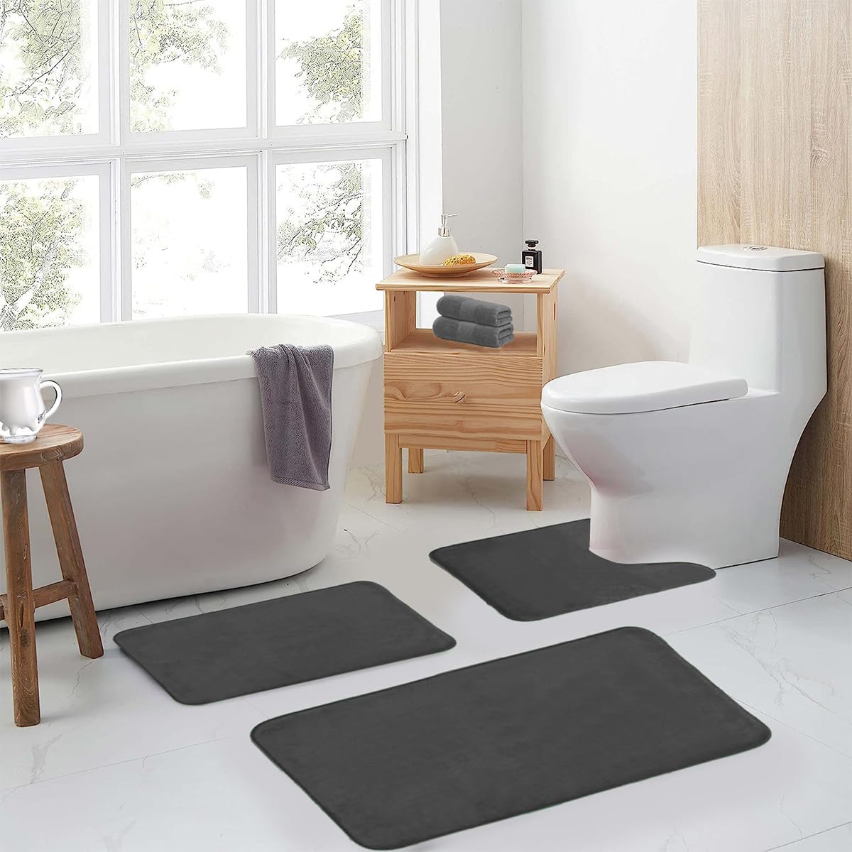 HASTHIP Bathroom Floor Mats Set for Toilet and Bathtub with Memory Foam Comfort | 9PCS Quick-Dry Anti-Slip Design