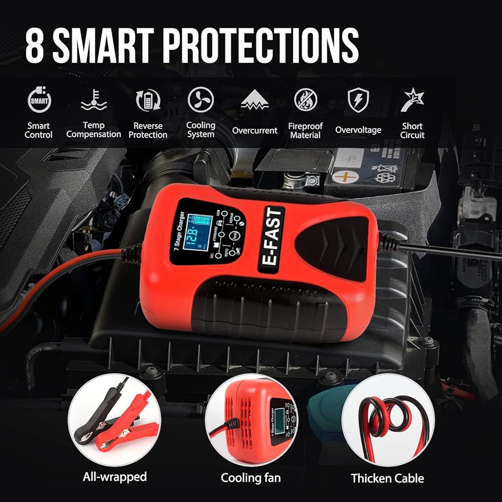 HASTHIP® Cargador de Batería de Coche 12V 6A Inteligente con Pantalla LCD, Carga Automática y Múltiples Protecciones, Mantenedor para Automóvil, Motocicleta, SUV y Más