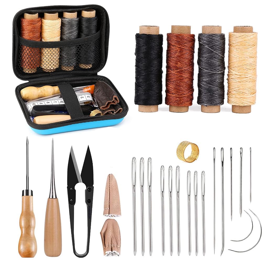 Leather Sewing Kit, Leather Working Kit with Large-Eyed Stitching Needles, Waxed Thread, Leather Upholstery Repair Kit, Leather Sewing Tools for DIY Leather Craft with Storage Bag