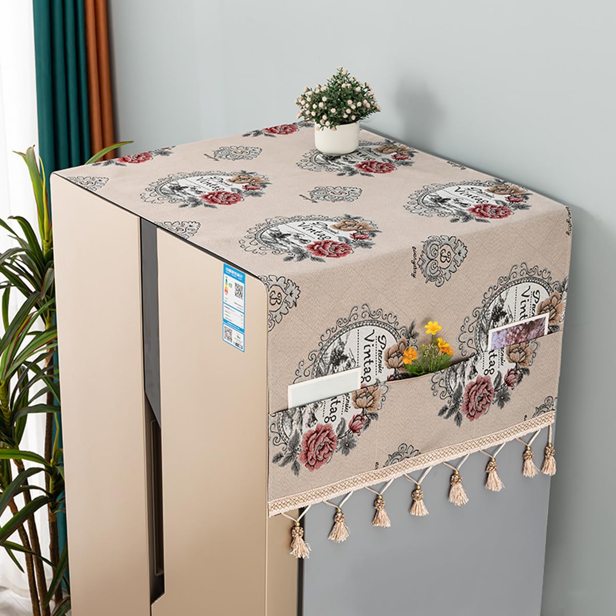 HASTHIP Refrigerator Cover for Double Door Fridge 26.3x55 in with Side Pockets and Tassel Design