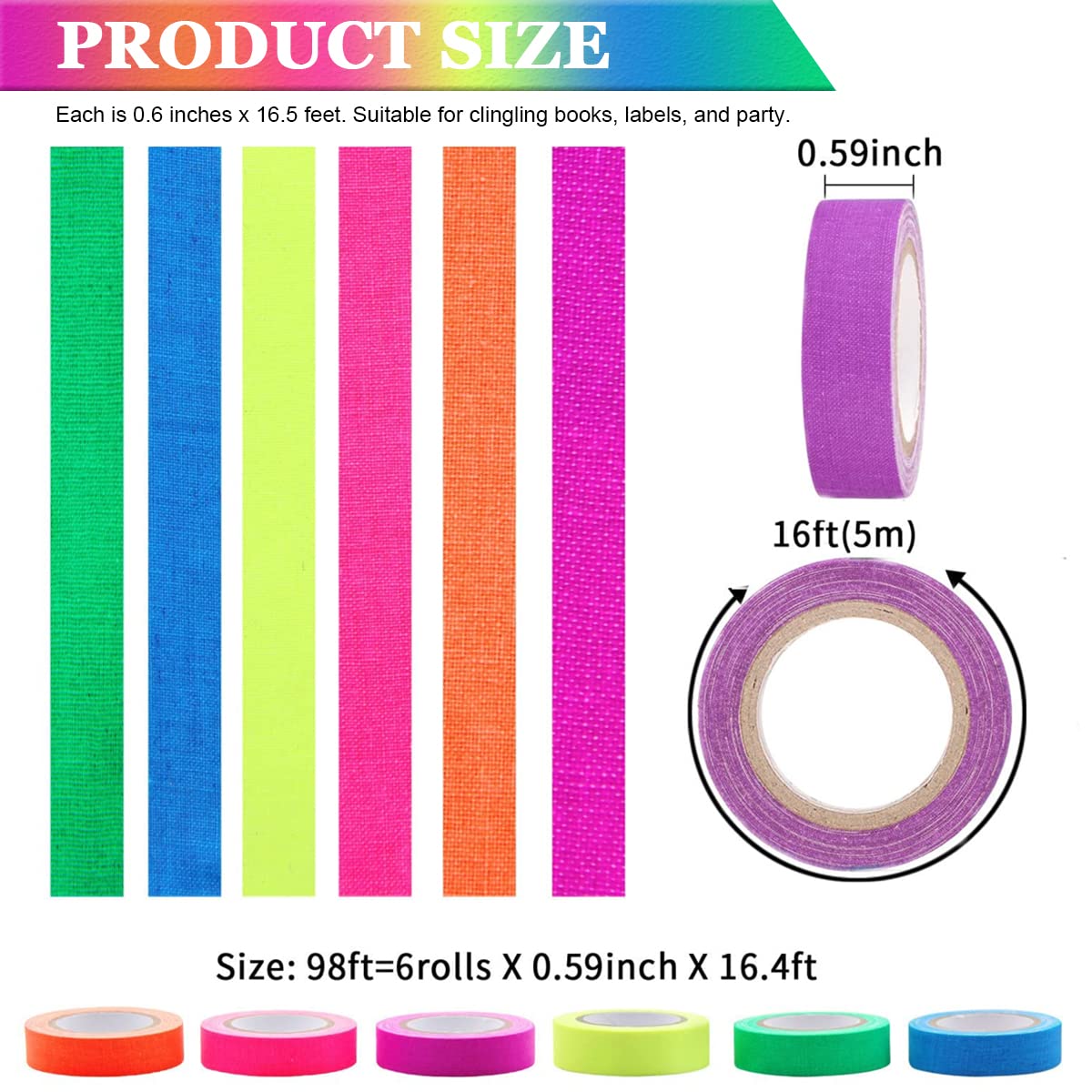 6 Neon Color Tape, Glow Tape Self Adhesive Black Light Tape Sets, Fluorescent UV Reflected Blacklight Tape Glow in the Dark for Party, Marking, Party Supplies Tape, 0.6 inch x 16.5 feet