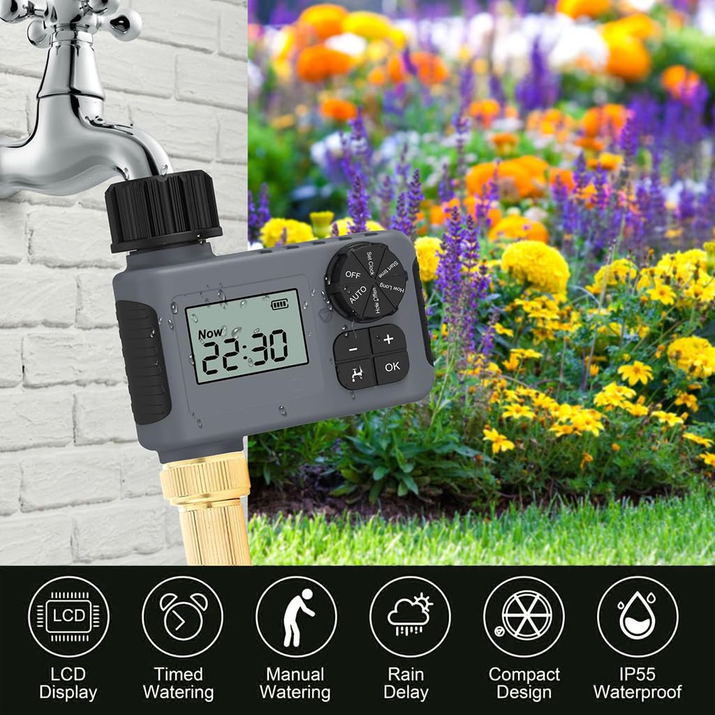 Drip Irrigation Timer for Garden Farm with Universal Faucet connector, Irrigation Water Timer, Easy to Use Automatic Watering System, Waterproof Digital Irrigation Timer System for Lawns