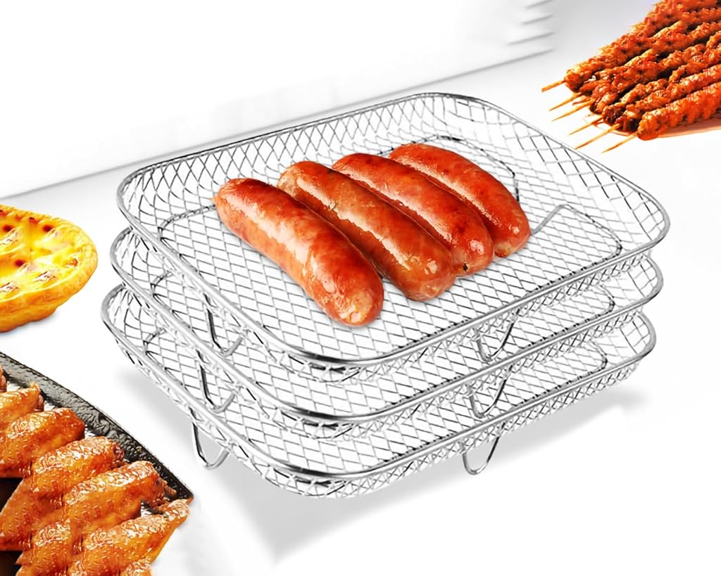 HASTHIP® Stackable Stainless Steel Air Fryer Basket, 3 Layers Cooling Racks for Oven Press Cooker, Rectangle AirFryer Accessories (7.6"Lx5.3"Hx3.7"H)-Silver