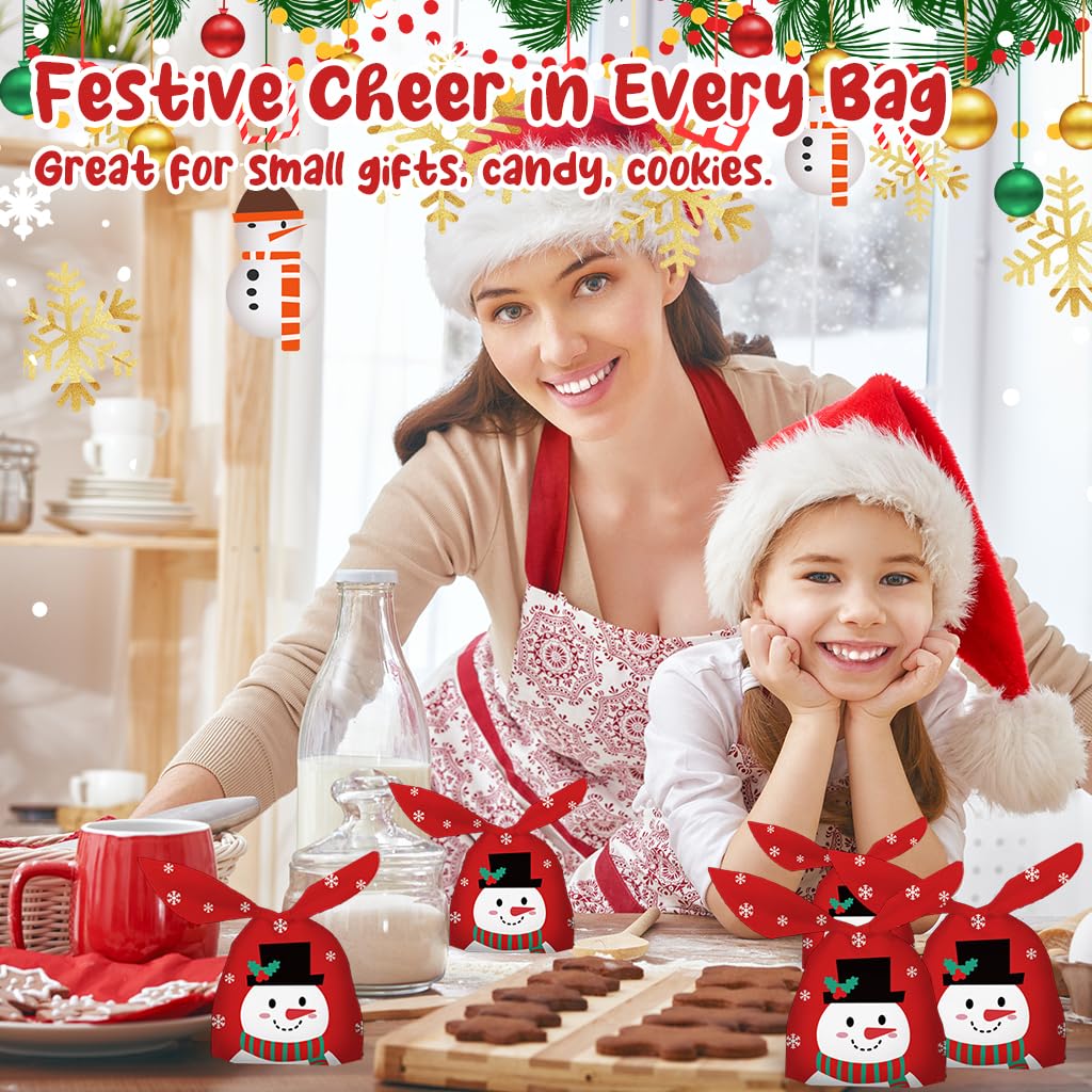 HASTHIP Christmas Gift Bags 50pcs for Small Holiday Gifts with Tie Up Closures | Red Snowman Print 13.5x23cm