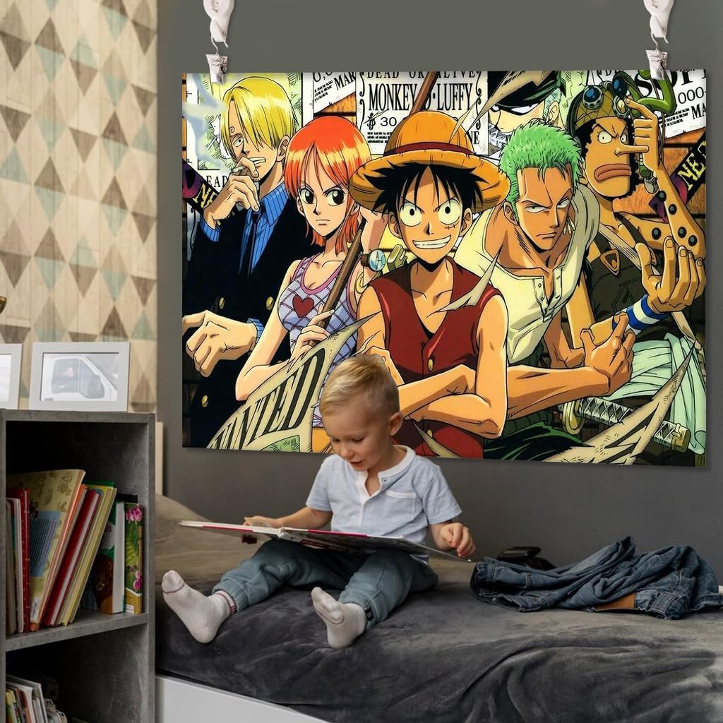 HASTHIP Anime Tapestry for Bedroom and Living Room featuring Monkey D Luffy Group | 51x59 in Polyester Wall Decor with Installation Accessories
