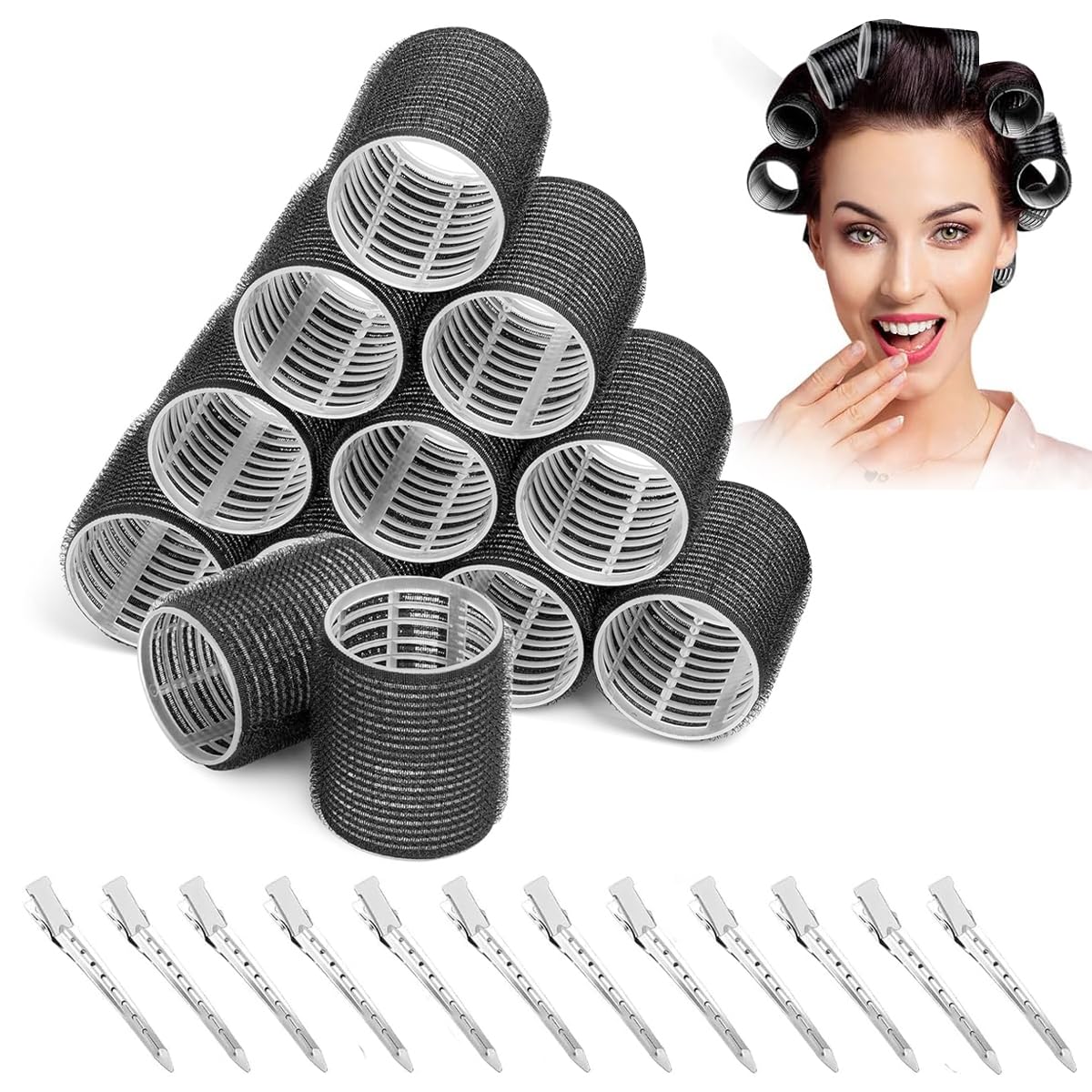 HASTHIP® Rulos para el cabello sin calor,12 piezas rizadores para flequillo con 12 clips de pato metálicos,rizadores grandes autoadhesivos 6.5x4cm mujeres volumen natural y ondas