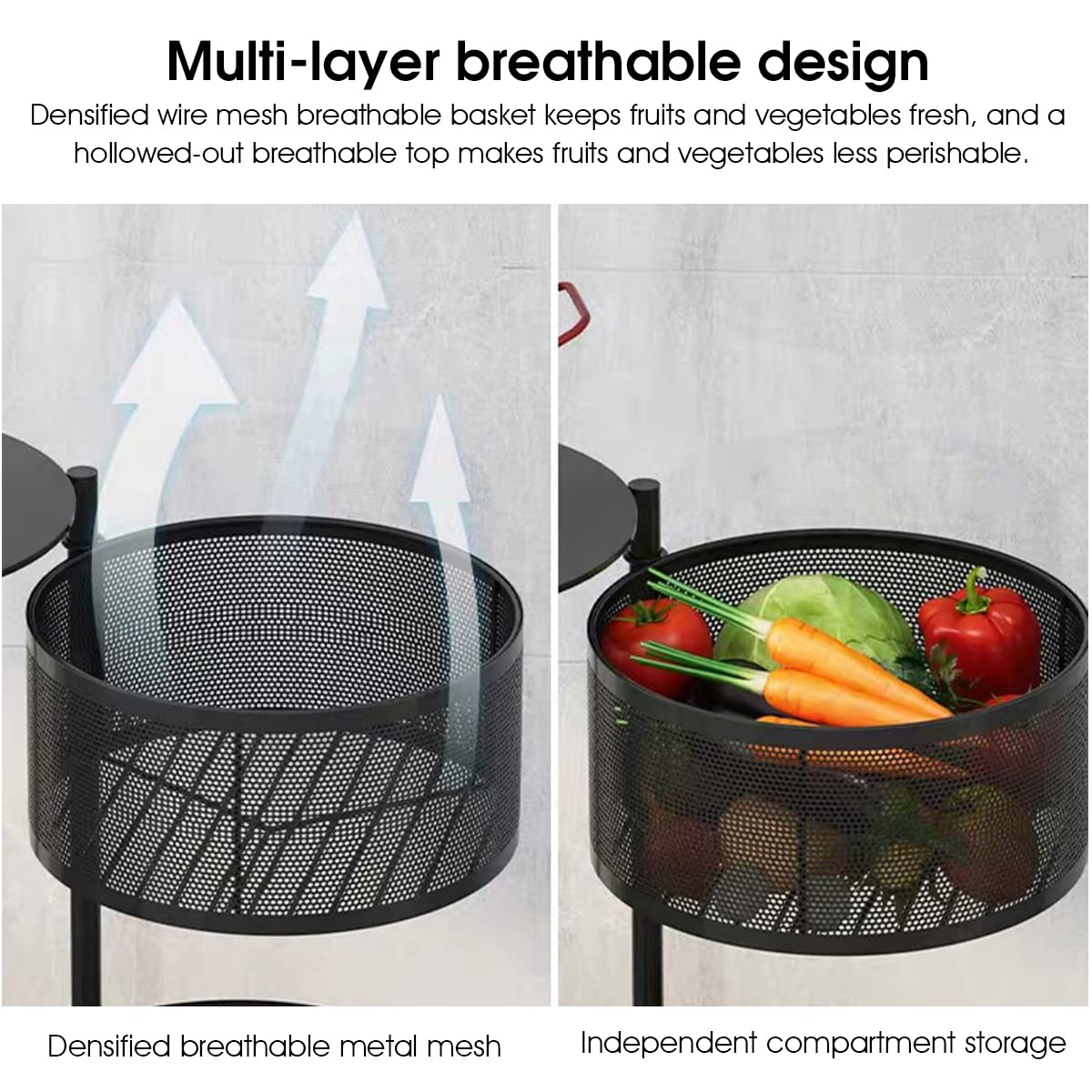 3 Layer Kitchen Rotating Trolley Portable Storage Rack, Rotating Kitchen Trolley, Kitchen Trolley with Wheels for Storage, Vegetable Storage Rack for Kitchen Living Room