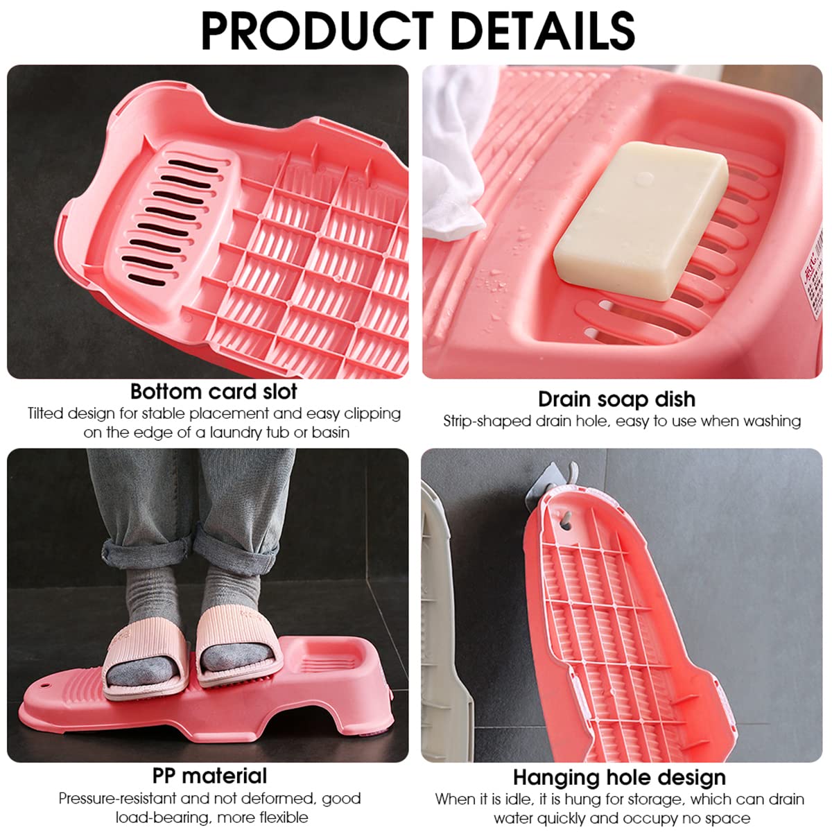 Washboard Washing Clothes Anti-Slip Hand Wash Board with Soap Holder Scrubbing Pad Hangable Laundry Board for Underwear Kid Clothes Shirts Hand Towels Baby Bib Socks 44 * 21cm Pink