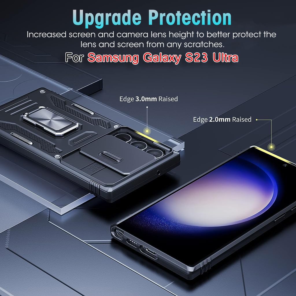 HASTHIP® Galaxy S23 Ultra Case - Black, Slim & Durable Design with Integrated Ring Holder, Sliding Camera Lens Cover, 360° Rotatable Kickstand, Shock Absorption, PC TPU Metal, Anti-Slip