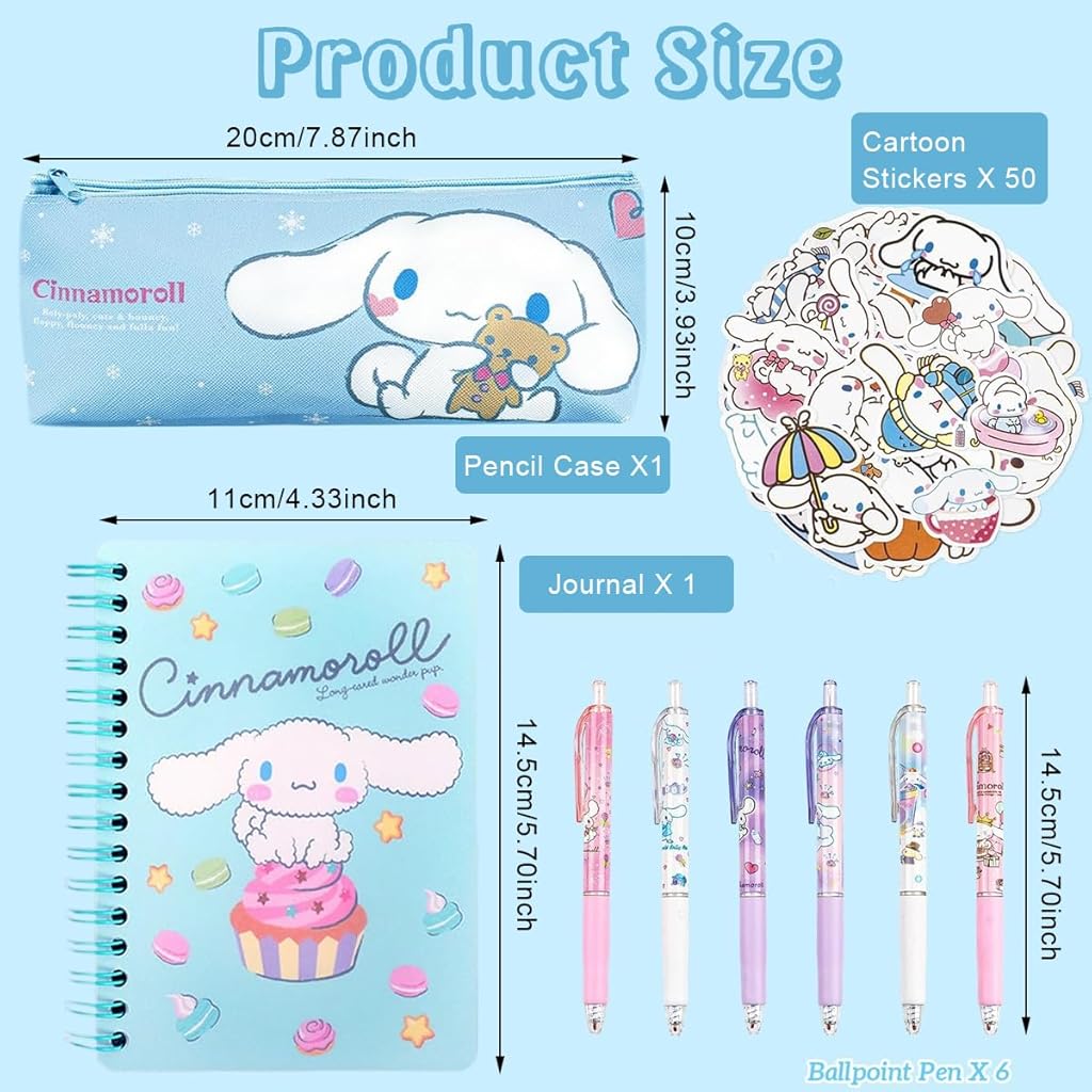 HASTHIP® 9Pcs Kawaii CinnamorollSchool Supplies Set, Kawaii Stationeries Supplies Set with Notebook, Pencil Pouch, Click Pens, Assorted Cinnamoroll Cartooon Stickers, Girls School Gift Set