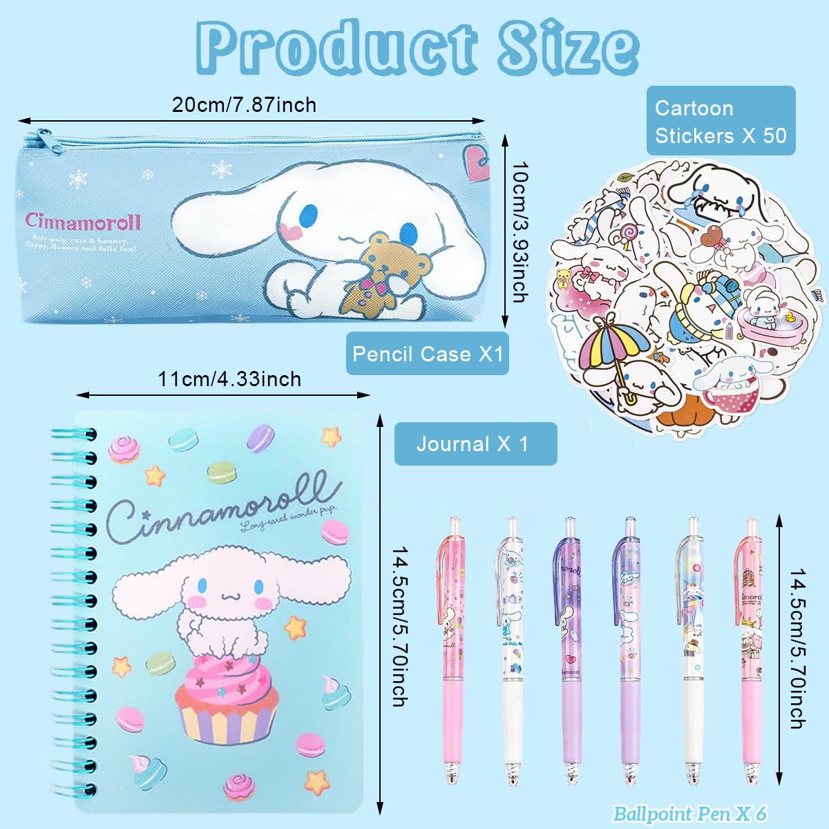 HASTHIP® 9Pcs Kawaii CinnamorollSchool Supplies Set, Kawaii Stationeries Supplies Set with Notebook, Pencil Pouch, Click Pens, Assorted Cinnamoroll Cartooon Stickers, Girls School Gift Set