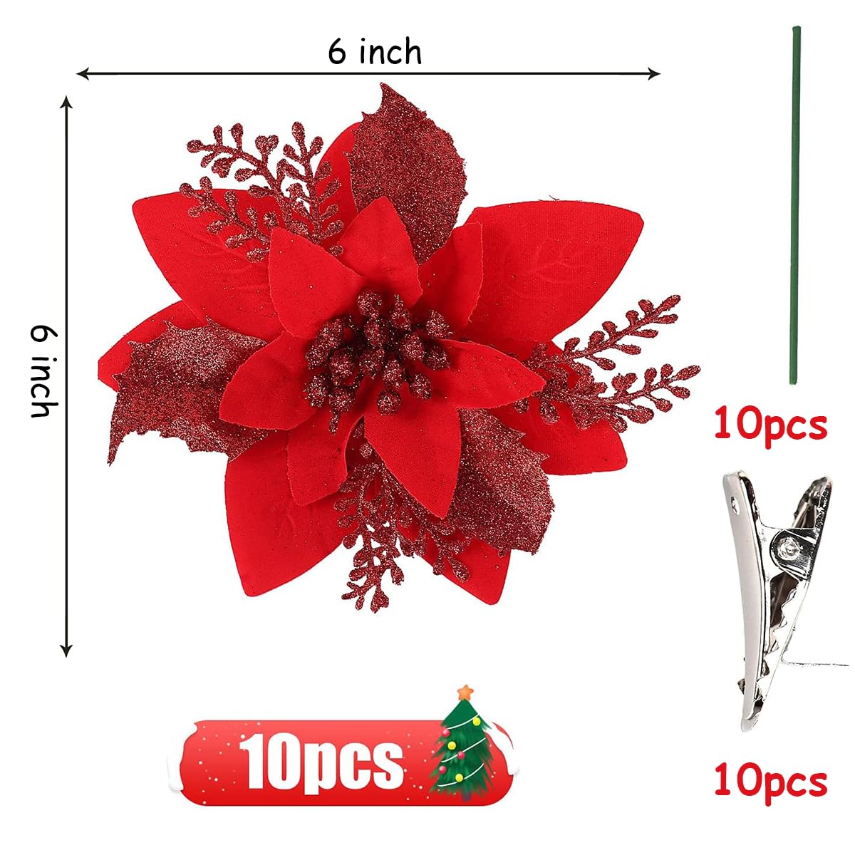 HASTHIP Christmas Poinsettia Flowers for Tree and Home Décor 10 Pcs | Sparkling Red 6 in Ornaments