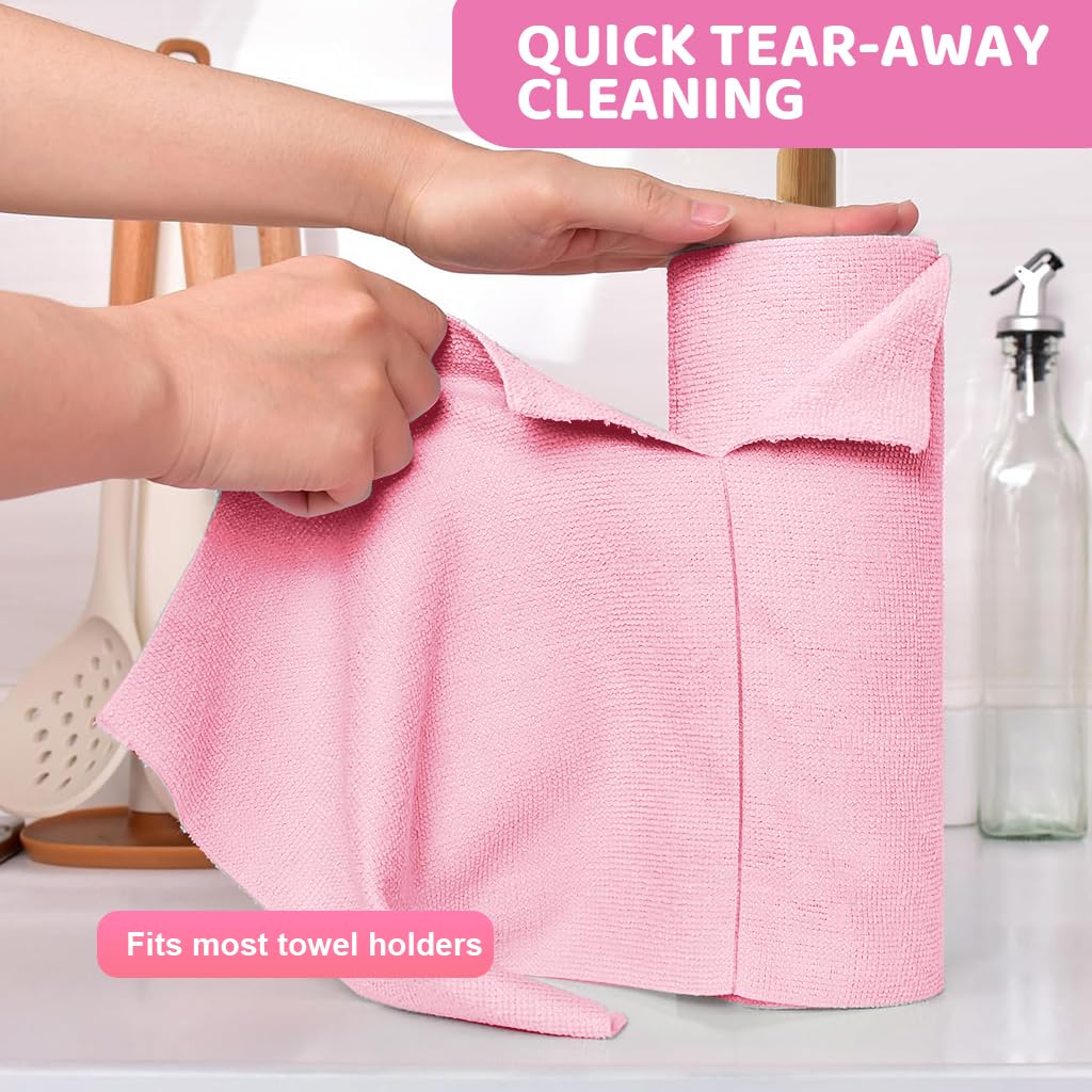 HASTHIP Microfiber Cleaning Cloth Roll 15 Count 25x40cm for Kitchen Use featuring Pre Cut Tear Away Design | Pink Reusable Towels