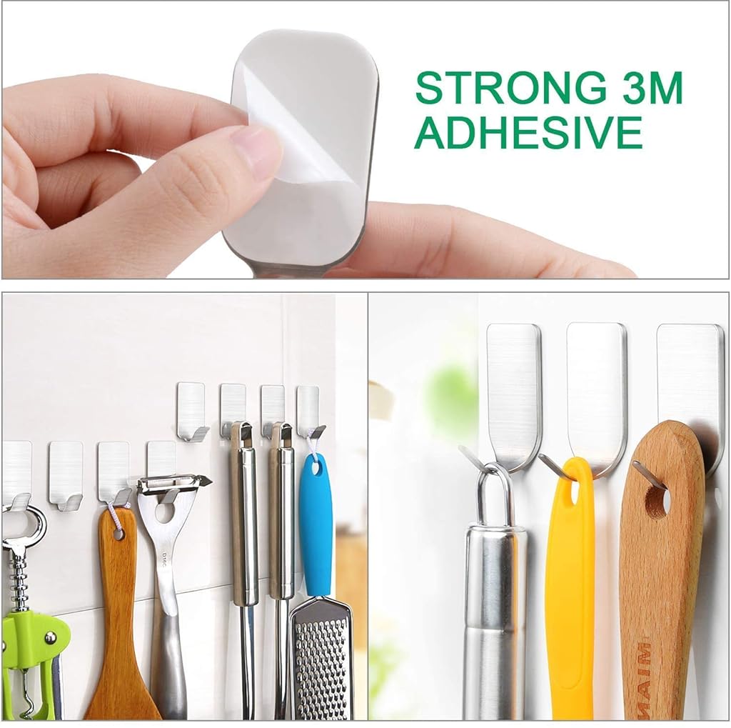 HASTHIP® Hooks for Wall Without Drilling, Stainless Steel Adhesive Wall Hanger Self Adhesive Waterproof Heavy Duty Sticky Narrow Wall Hooks (Pack 8).