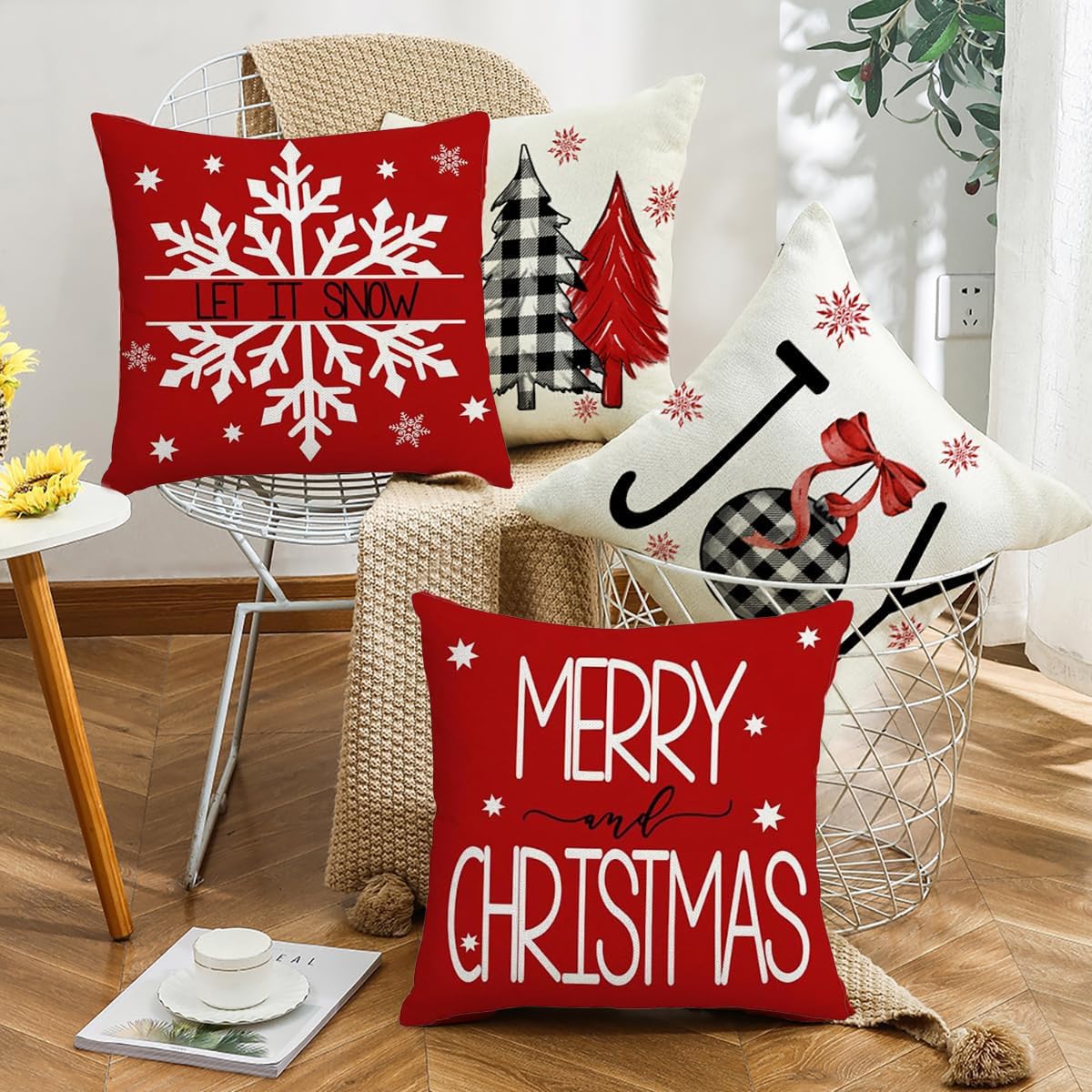HASTHIP® 4Pcs Christmas Square Pillow Covers 15.7 inches SquareLinen Printed Pillow Cover Classic Christmas Sofa Pillow Covers SquarePillow Covers for Christmas