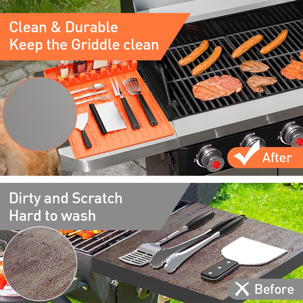 HASTHIP® Silicone Grill Mat Compatible - Utensils Organizer Mat - Kitchen Drain Mat - Silicone Griddle Tools Mat with Drip Pad - Heat Resistant Grill Mat - Seasoning Bottles Tray & Kitchen Utensils