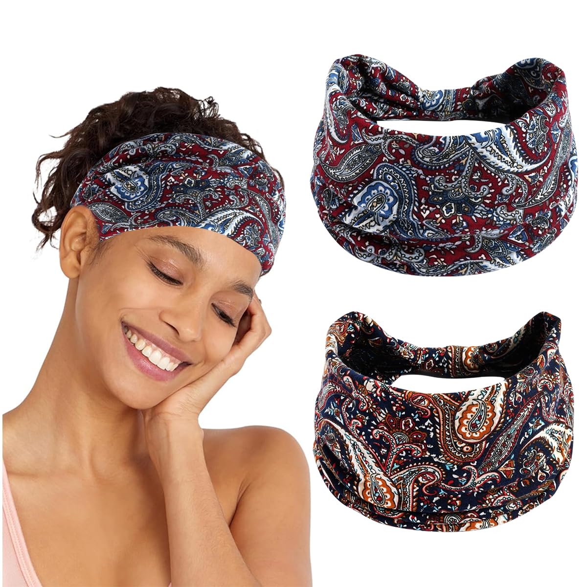 HASTHIP® 2 Pcs Diademas Deportivas para Mujer, Cinta Cabeza Boho Antideslizante Absorbente Sudor de Secado Rápido, Bandas Elásticas Suaves y Transpirables para Yoga, Correr, Gimnasio, Fitness