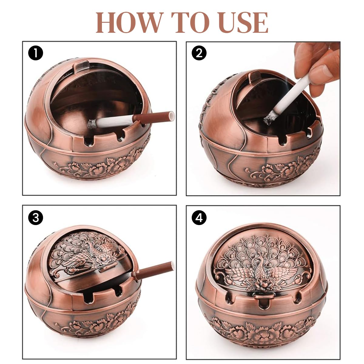 HASTHIP Peacock Ashtray for Home and Car with Closing Lid and 3 Grooves | Zinc Alloy 10x10x9cm 2 PCS