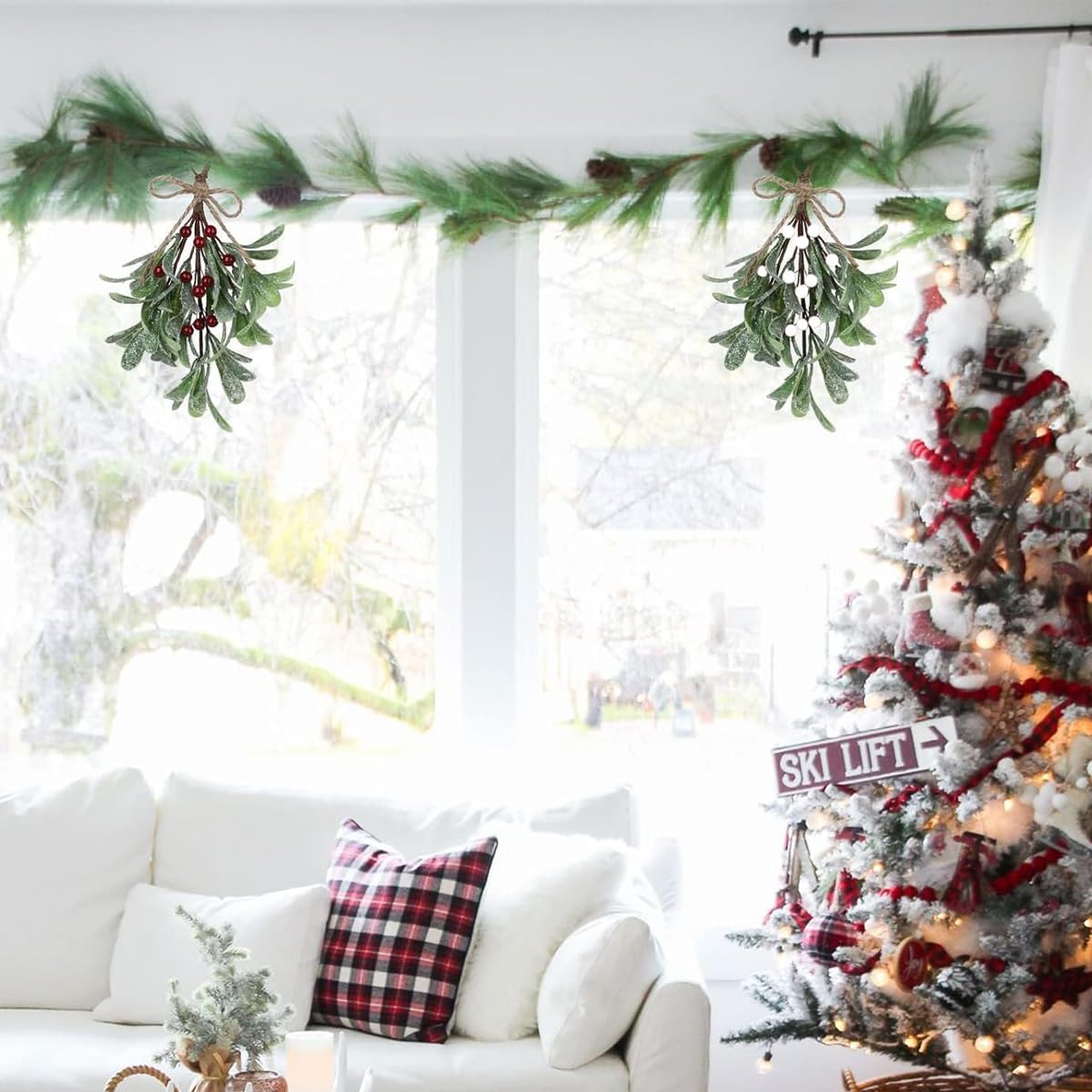 HASTHIP Artificial Christmas Mistletoe for Doors and Walls with Rope Hanging | 2 PCS 9 in Branches with Red and White Berries