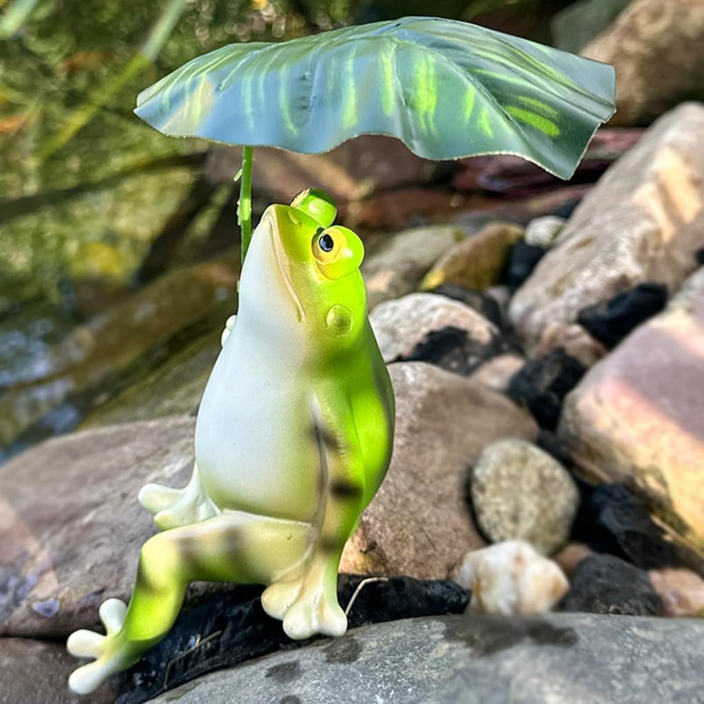 HASTHIP® Resin Frog Statue Garden Decor Planter Flower Pot Zen Desk Decor Frog with Leaf Parasol Shelf Ornament Home Decor Gift