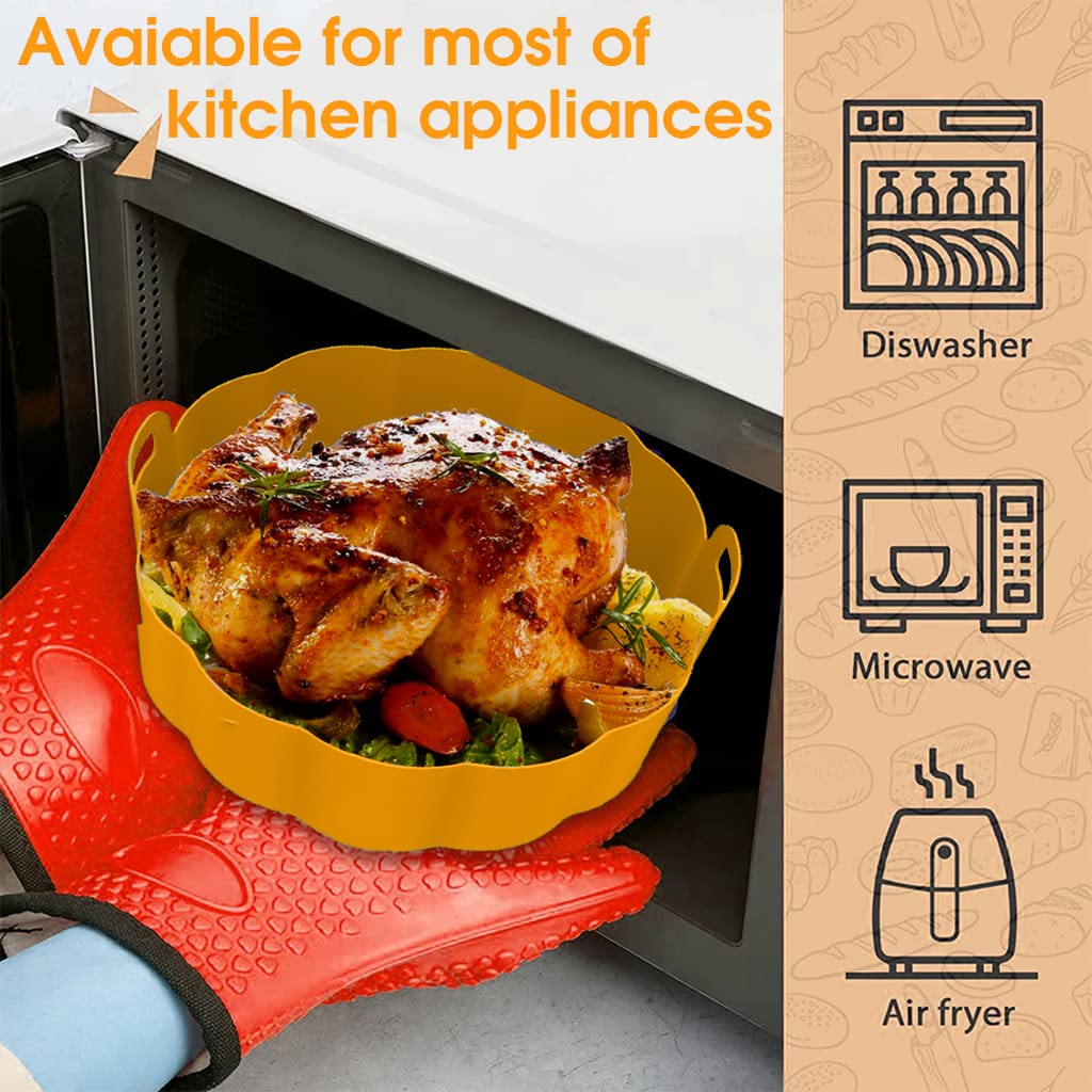 Air Fryer Silicone Liner, Non-Stick Reusable Round Silicone Pot with Ear Handles, Air Fryer Oven Accessories, No Need to Clean the Air Fryer, Yellow (Top: 7.5 inches - Bottom: 6.8 inches)