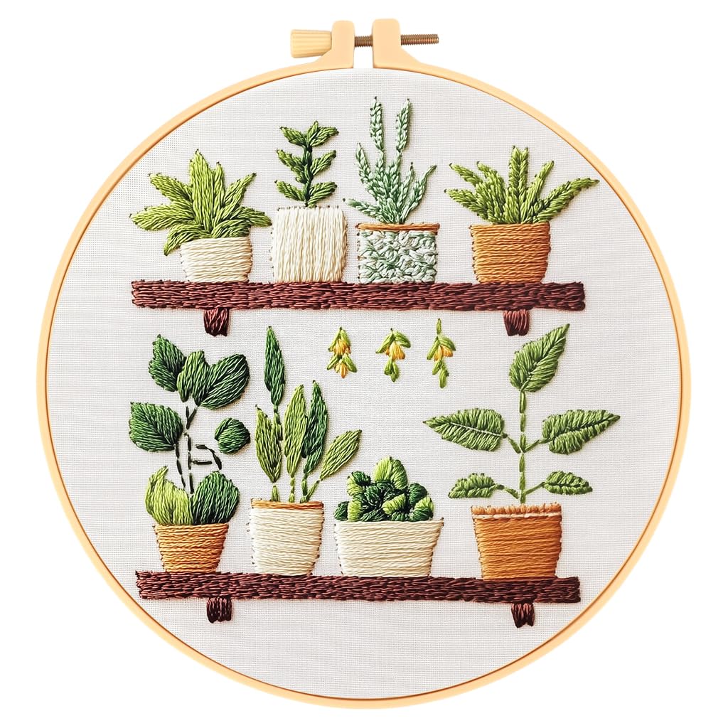 HASTHIP® Zibuyu Kit de Bordado DIY de Plantas en Maceta para Principiantes, Set de Aro de 20 cm con Tela Preimpresa, Hilos, Agujas y Arte Botánico para Pared