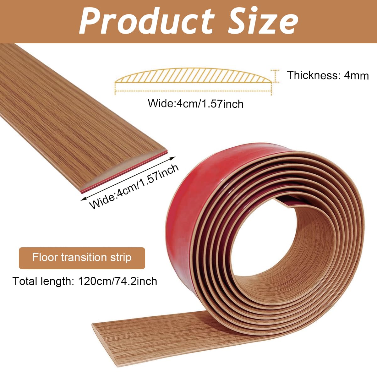 HASTHIP Floor Transition Strip for Joining Floor Gaps with Self Adhesive PVC 47.2 x 1.57 in Wood Color | Easy Trim Fit