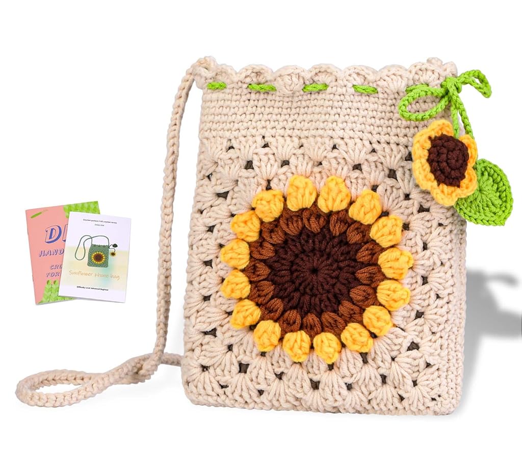 HASTHIP® Kit de Materiales para Bolso de Teléfono Ganchillo DIY para Principiantes,Bolso Cruzado Girasol Hecho a Mano con Hilo,Agujas Herramientas y Video Tutorial Bandolera
