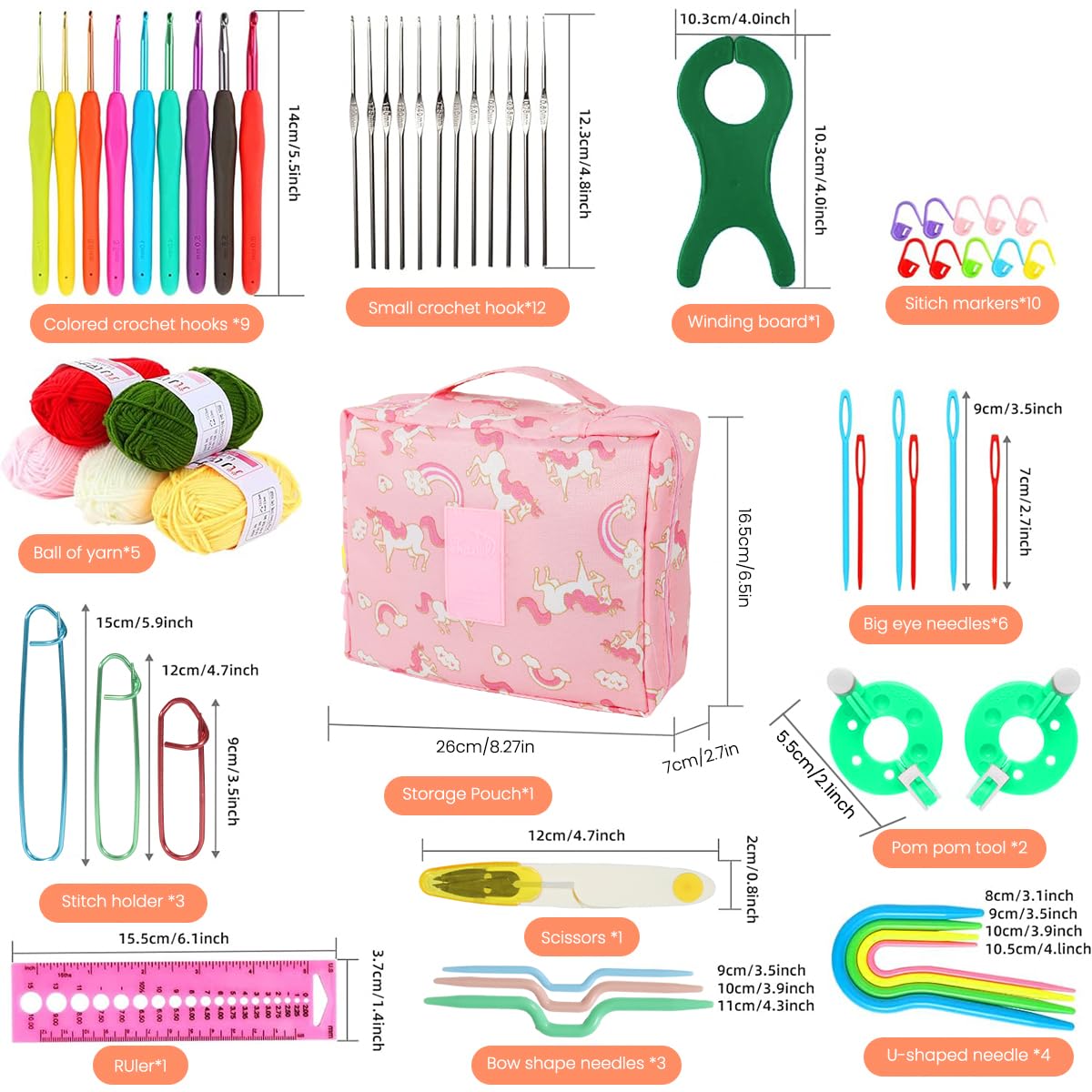 HASTHIP Crochet Kit for Beginners including 107 pcs ergonomic hooks and yarns | unicorn bag