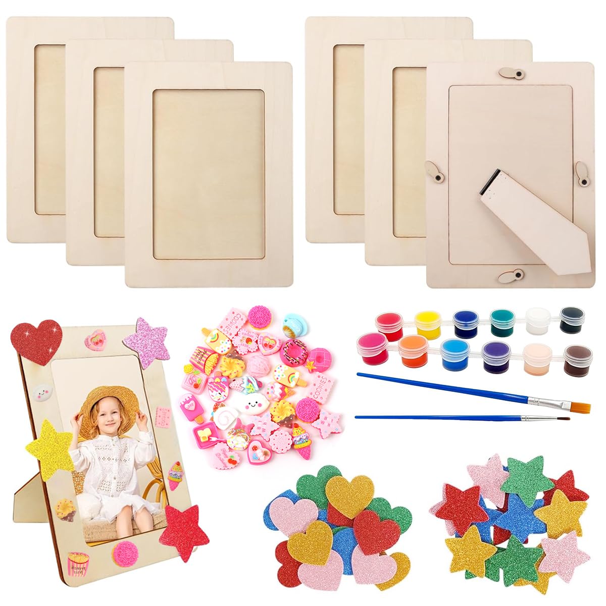 HASTHIP Wooden Photo Frame Kit for DIY Crafts with 6 Frames and 30 3D Decals | Eco Wood