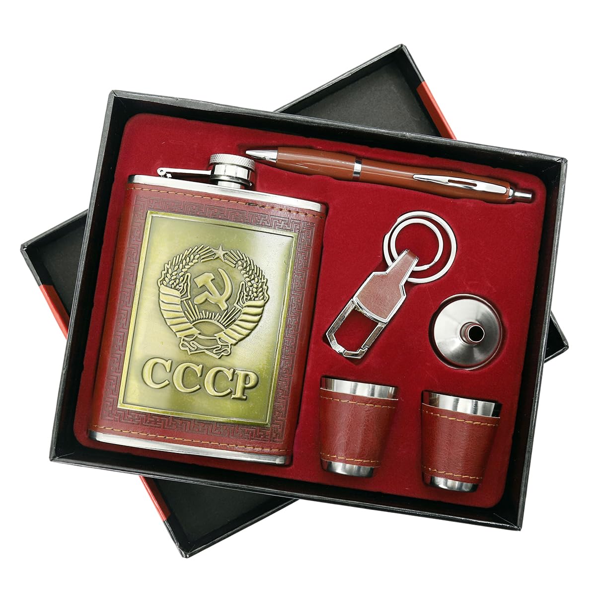 HASTHIP Whisky Flask Gift Set for Men with 8 oz CCCP Embossed PU Finish | Stainless Steel Accessories