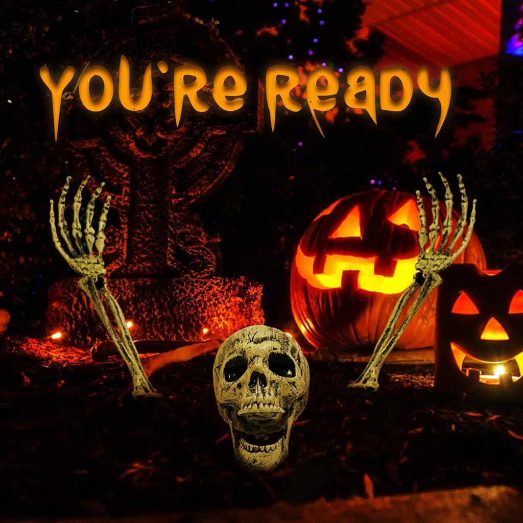 HASTHIP® Halloween Half-Buried Skeleton Ornament, 2 Arms & Skeleton Head, Spooky Upper-Body Skeleton Garden Courtyard Decor Lawn Ornament for Halloween