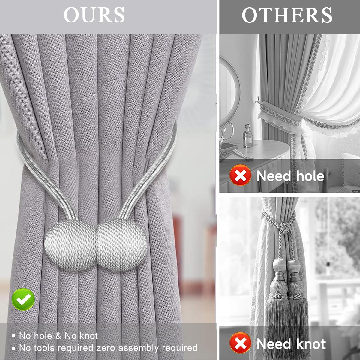 HASTHIP® 4Pcs Magnetic Curtain Tieback Curtain Clips Rope Holdbacks Curtain Weaving Holder Buckles for Home Office Decoration, Grey