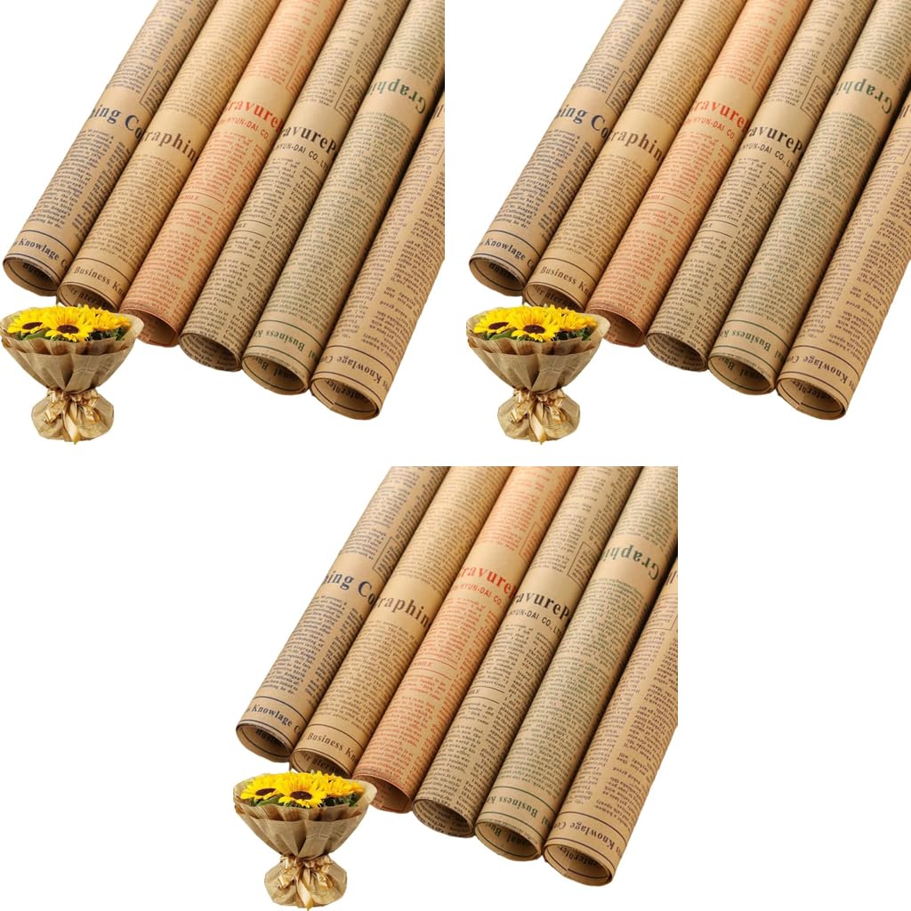 HASTHIP Flower Packing Papers for Gifts featuring Retro Newspaper Style and 6 Sheets 50x70cm