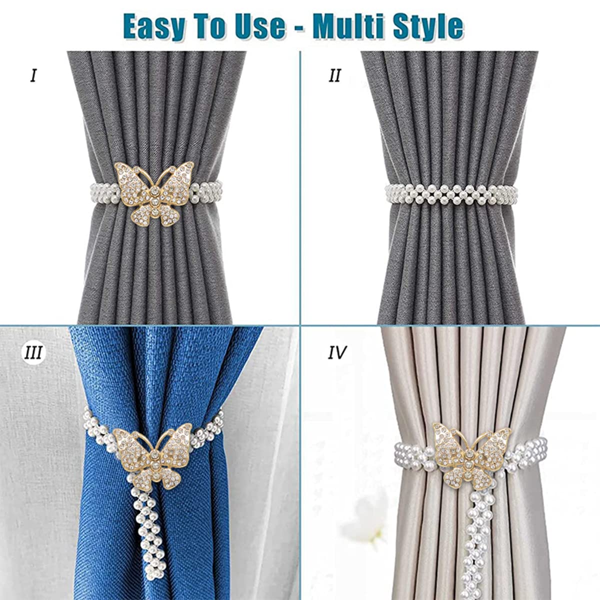 HASTHIP Curtain Tie Backs for Home and Office featuring Adjustable Elastic Rope | 2Pcs Gold Metal Pearl Holders